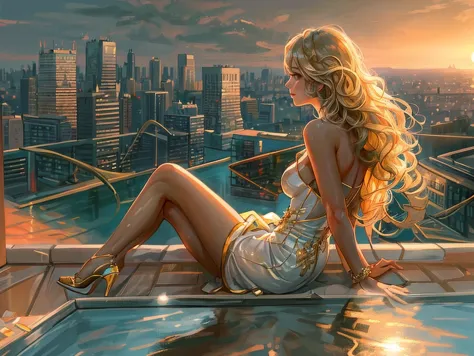 an illustration of a woman sitting in an infinity pool on top of roof in a modern city, watching sunset over the city, sun being...