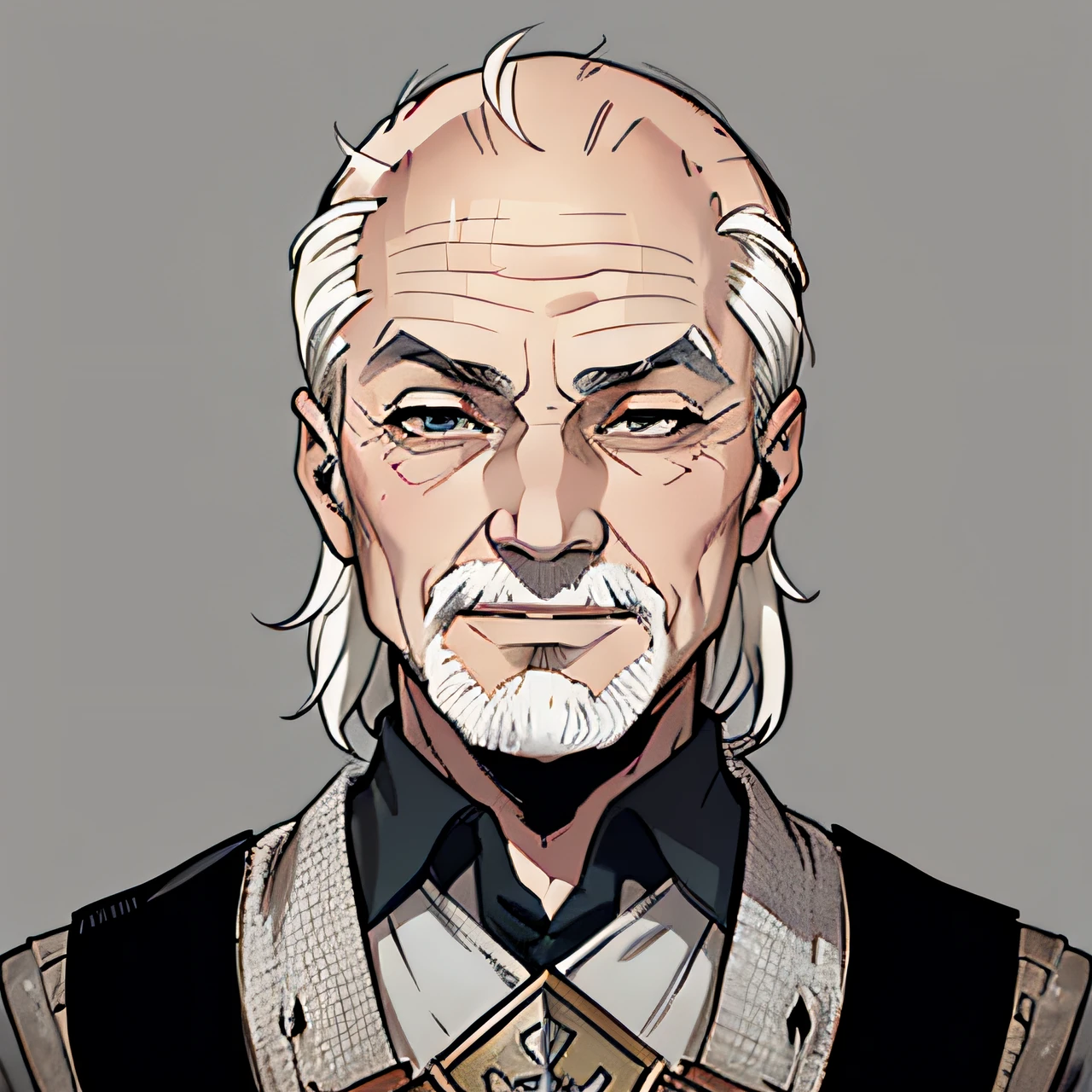 old man, balding, (male character), manly, village elder, (wrinkles), aged, gentle smile, (medieval), best quality, masterpiece, ultra-detailed, award winning art, portrait, (looking at viewer), (front view), monochrome, (ratatatat74), black and white, manga,