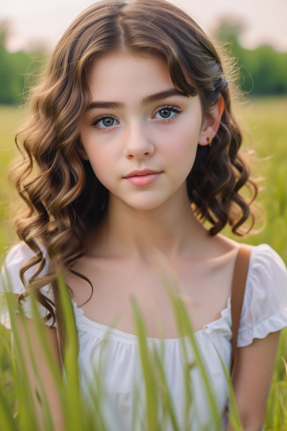 a close up of a young girl with a white dress in a field, gorgeous ...