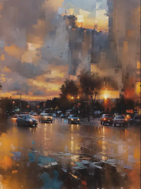 Paris Cityscape  Print , stree and old Colonial building, road lamp, cars,  sunset, vichaels. Oil Painting