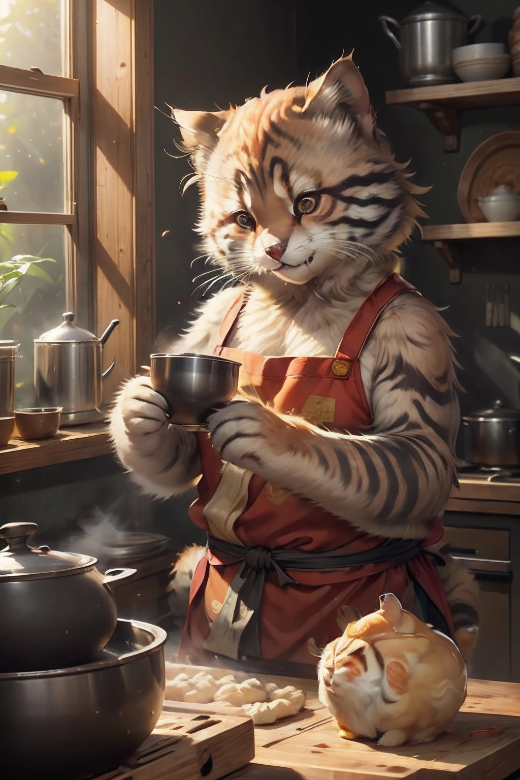 chat tanuki，En faisant des boulettes，Avec un sourire，Mains roulant des emballages de boulettes，Fond de cuisine，Sensation de chaleur，Quatre fenêtres en verre，La lumière du soleil vient de l&#39;extérieur，La marmite sur la cuisinière fume