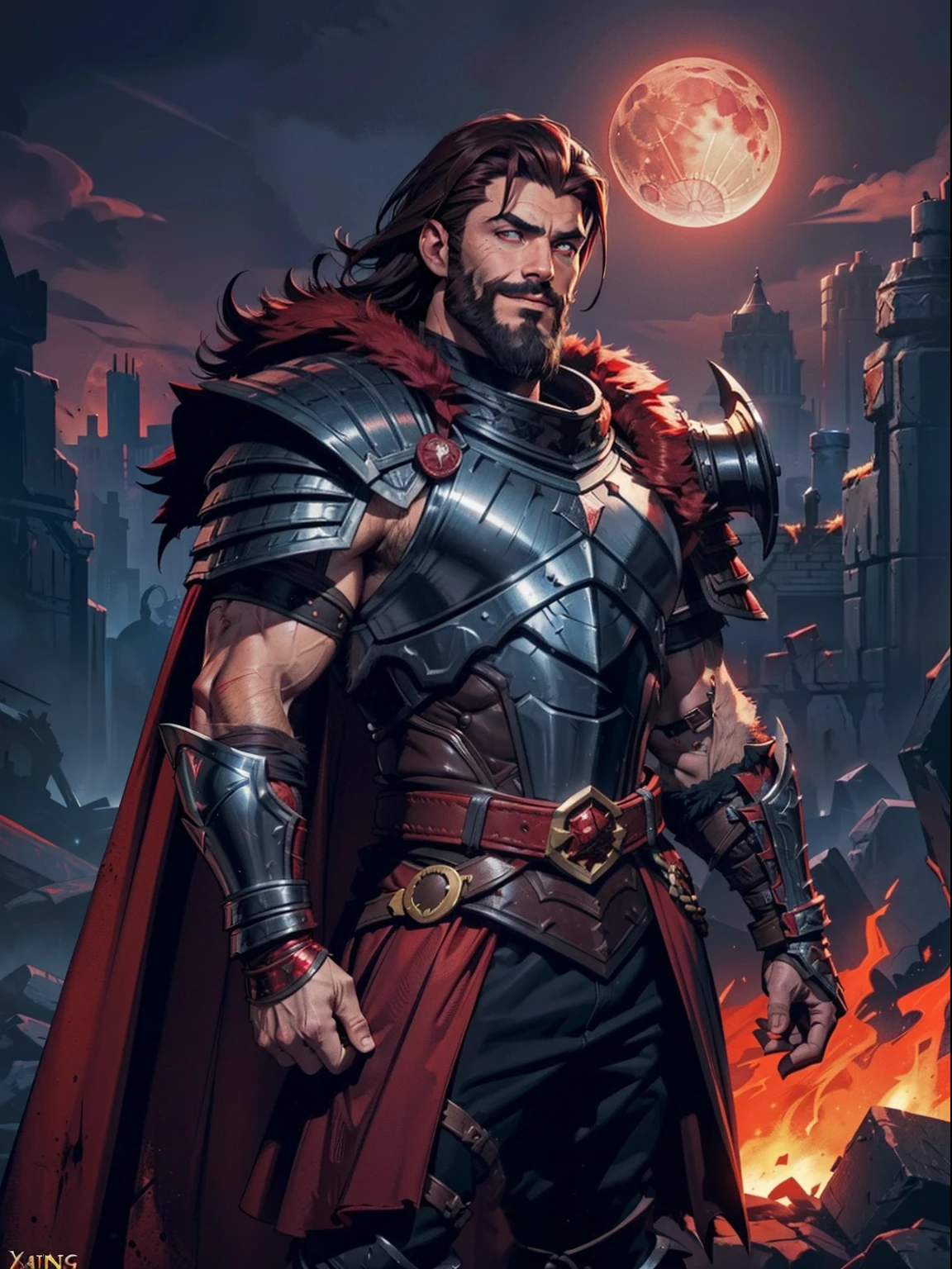 Dark night blood moon background, Darkest Dungeon style, game portrait. Kevin Smith as Ares from Xena, athlete, short mane hair, mullet, defined face, detailed eyes, short beard, glowing red eyes, dark hair, wily smile, badass, dangerous. Wearing full armor with red dragon scales, cape of furs.  Breath fire.