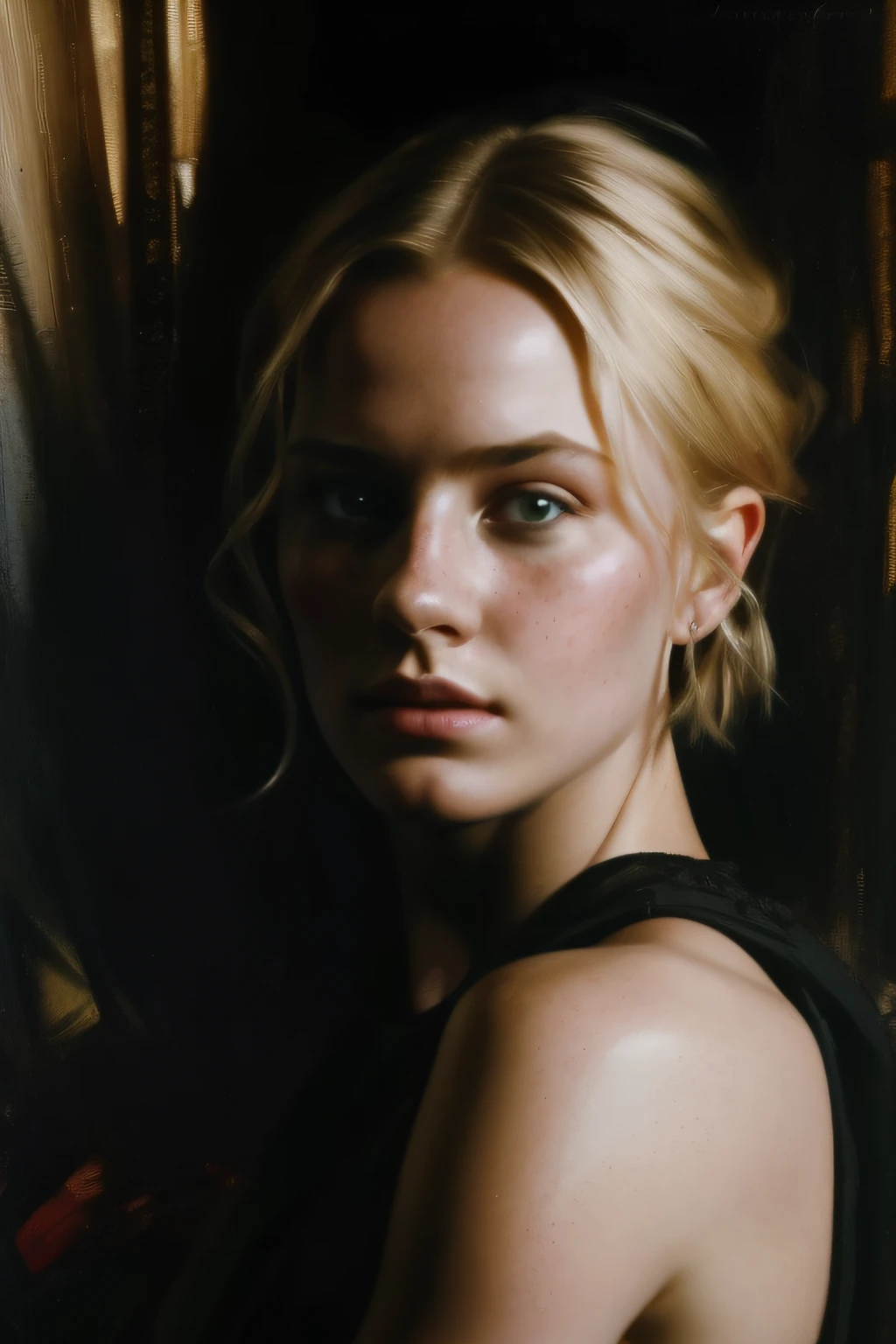 oil painting (masterpiece), (extremely intricate:1.3), (realistic), portrait of a blonde 25 year old woman, short hair, freckles, the most beautiful in the world, (Viking warrior), upper body, outdoors, intense atmosphere, cinematic, dark background, dreamy, atmospheric, distant fire, professional photograph of a stunning woman detailed, sharp focus, dramatic, award winning, cinematic lighting, octane render, unreal engine, volumetrics dtx, (film grain), oil painting by jeremy mann, john singer sargent