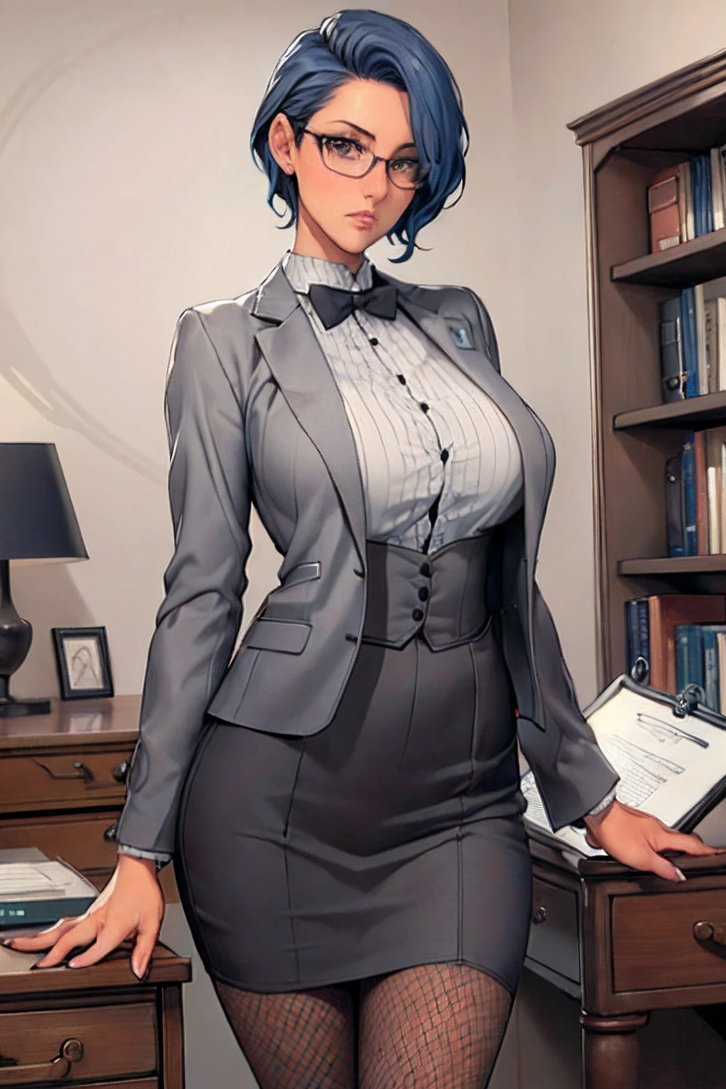 Secretary outfit, grey mini rock, white shirt, grey jacket, fishnets, adult, 35 years old, beautiful women, blue hair, short hair, office hair cut, glasses, brown eyes, beautiful brown eyes, strict gaze, serious expression, tall women, big breasts, slim body, clipboard in hands, masterpiece, antique office background, bookshelves
