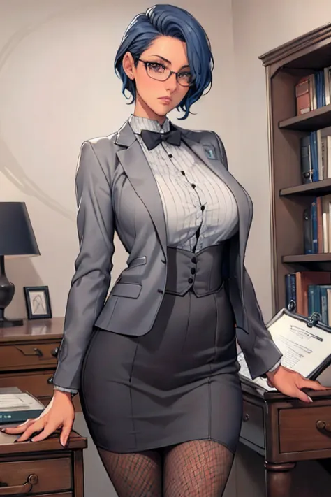 Secretary outfit, grey mini rock, white shirt, grey jacket, fishnets, adult, 35 years old, beautiful women, blue hair, short hai...