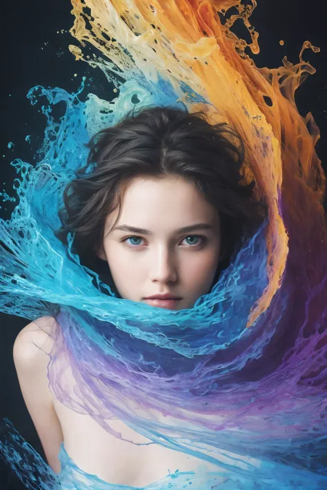 Colorful beautiful girl: a 20 year old girl, messy hair, oil painting, perfect face, soft skin perfect face, blue-yellow, light ...