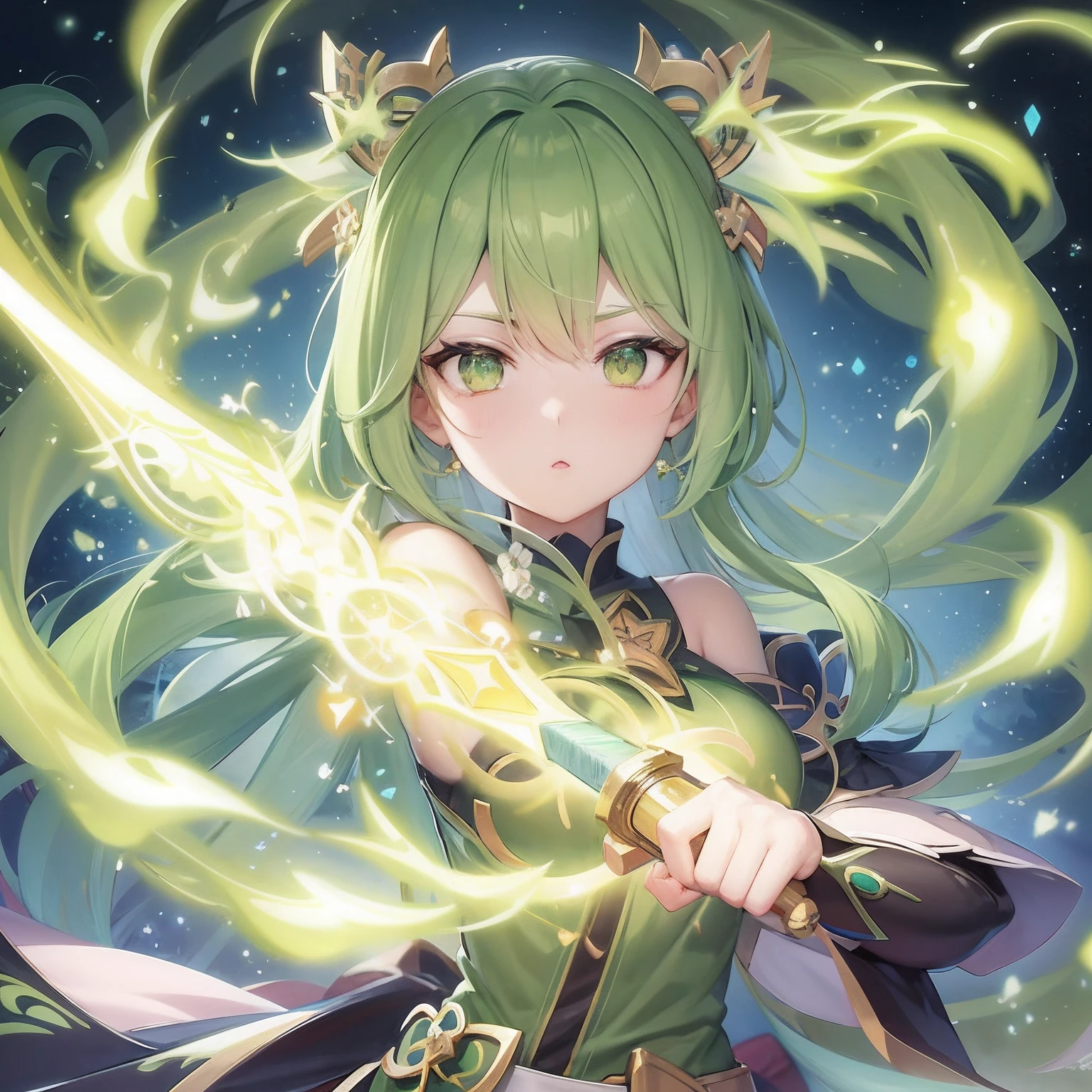 A woman with green hair holding a sword in front of a starr sky - SeaArt AI