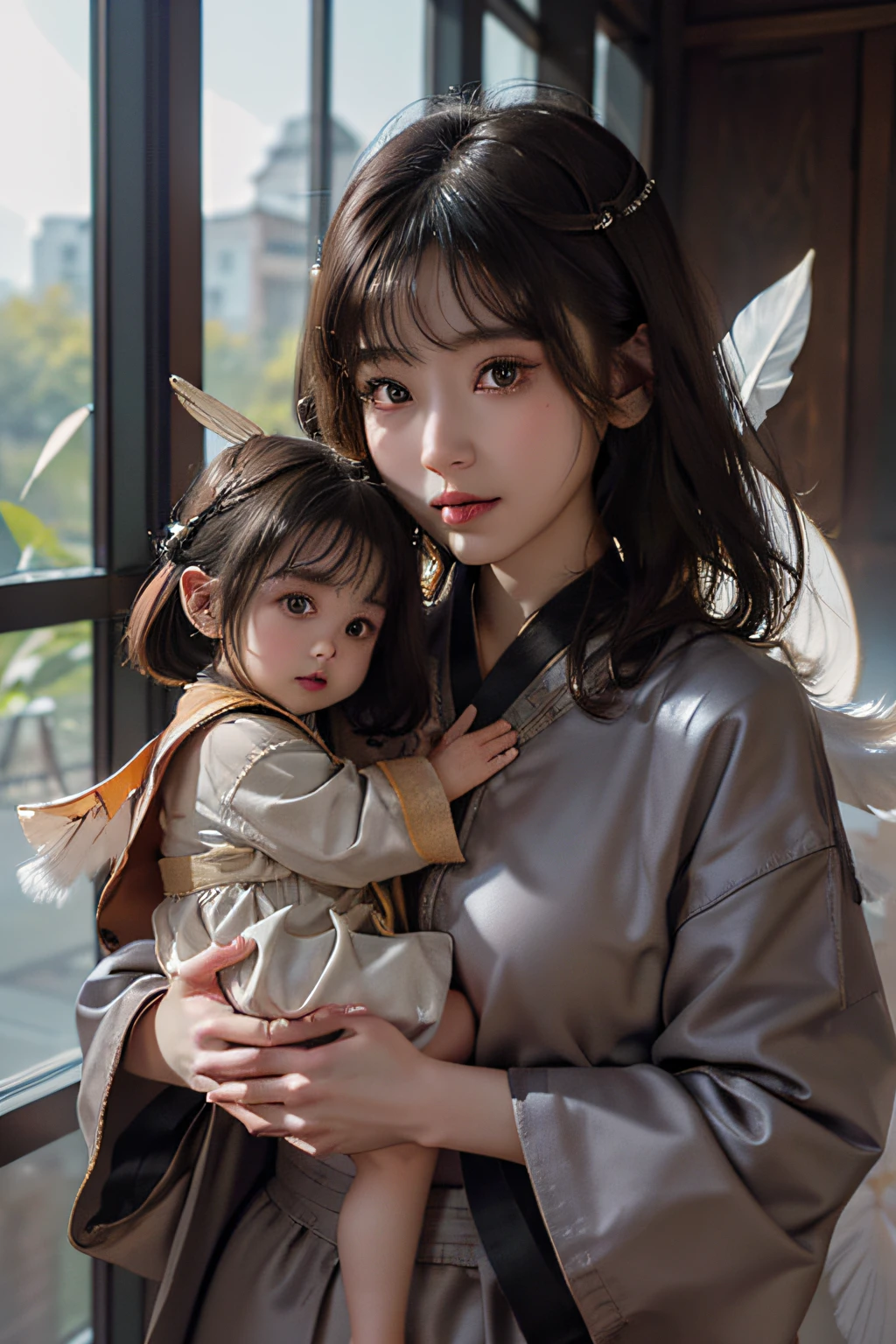 (masuter piece:1.3)、(8K、Photorealsitic、Raw photography、top-quality: 1.4)、(1girl in)、beautiful countenance、(Lifelike face)、(A dark-haired、short-hair:1.3)、(Heavenly daughter:1.8), (lotuses:1.2), (Feather robes:1.3), (Uttara monk's vestments:1.4),Beautiful hairstyle、realisticeyes、Beautiful details、（real looking skin）、Beautiful skins、（Sweaters）、absurderes、enticing、超A high resolution、A hyper-realistic、high-detail、the golden ratio