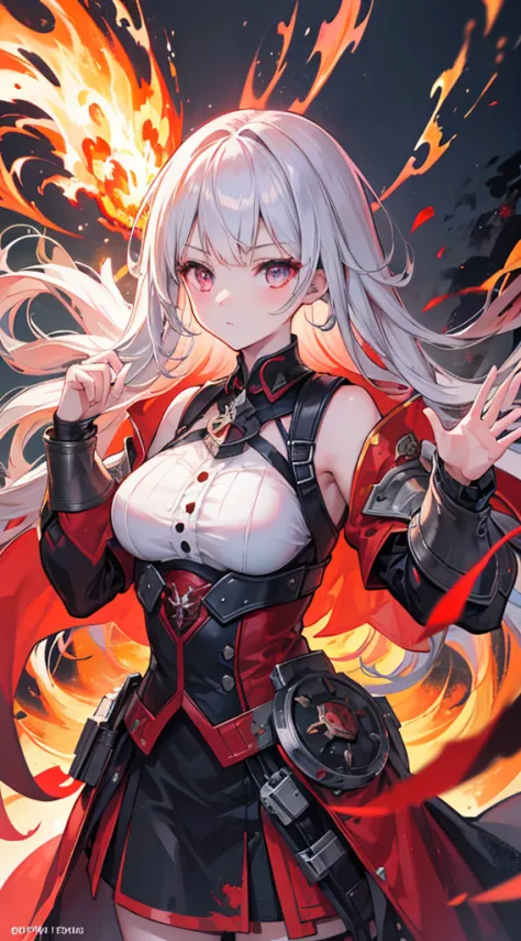 a girl,Phoenix girl,fluffy hair,war,a hell on earth,Beautiful and detailed explosion,Cold machine,Fire in eyes,World War,burning,Metal texture,Exquisite cloth,Metal carving,volume,best quality,normal hands,Metal details,Metal scratch,Metal defects,{{master...