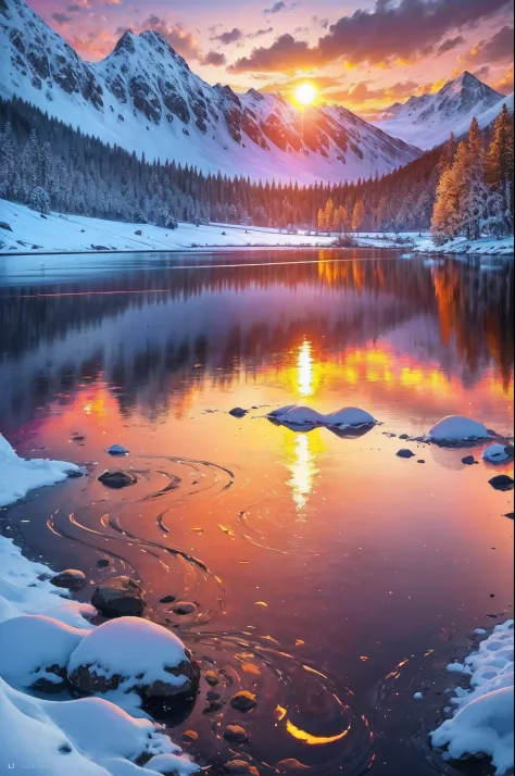 RAW photo, best, masterpiece, best quality, high quality, extremely detailed a very calm lake, in the background large snowy mountains, ((sunset: 1.5)), orange colors in the sky, reflection in the water, the atmosphere is breathe tranquility, very detailed...