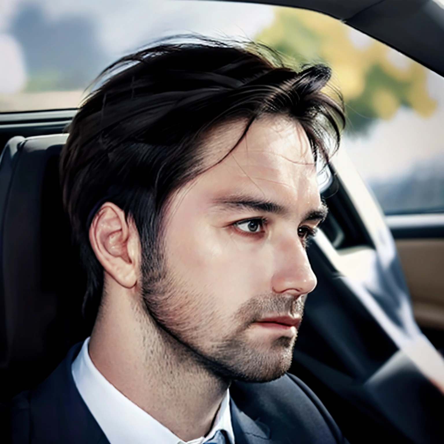 there is a man sitting in a car with a tie on, good looking face, taken in the early 2020s, really good looking face!!, 30 year old man, man in his 30s, looking to his side, looking to the side off camera, 3 2 years old, looking serious, 🪔 🎨;🌞🌄