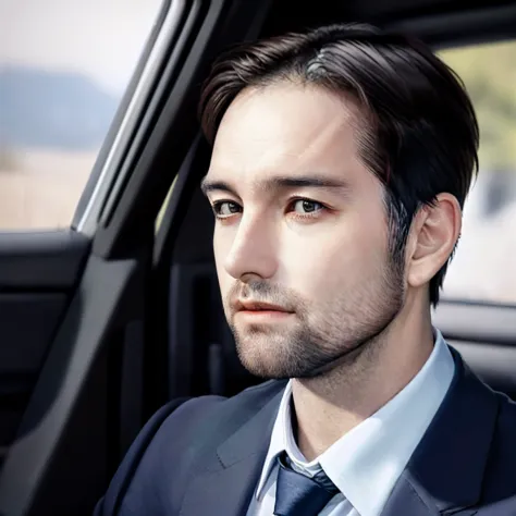 there is a man sitting in a car with a tie on, good looking face, taken in the early 2020s, really good looking face!!, 30 year old man, man in his 30s, looking to his side, looking to the side off camera, 3 2 years old, looking serious, 🪔 🎨;🌞🌄