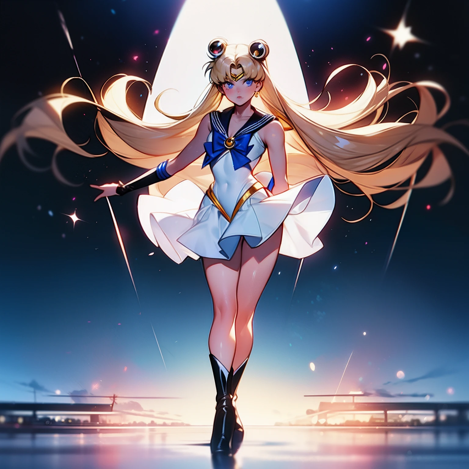 Sailor Moon, Long Blonde Hair, Full body, Beautiful female body, Long legs, High boots, film photography, analogphoto, Film grain, Extreme Detail, 4K, Ultra HD, Hyper-Realism, Trending on ArtStation, Polished, Radiant, Vibrant, Photorealistic, Backlight, hairlight, 8K Ultra HD, unreal enginee 5