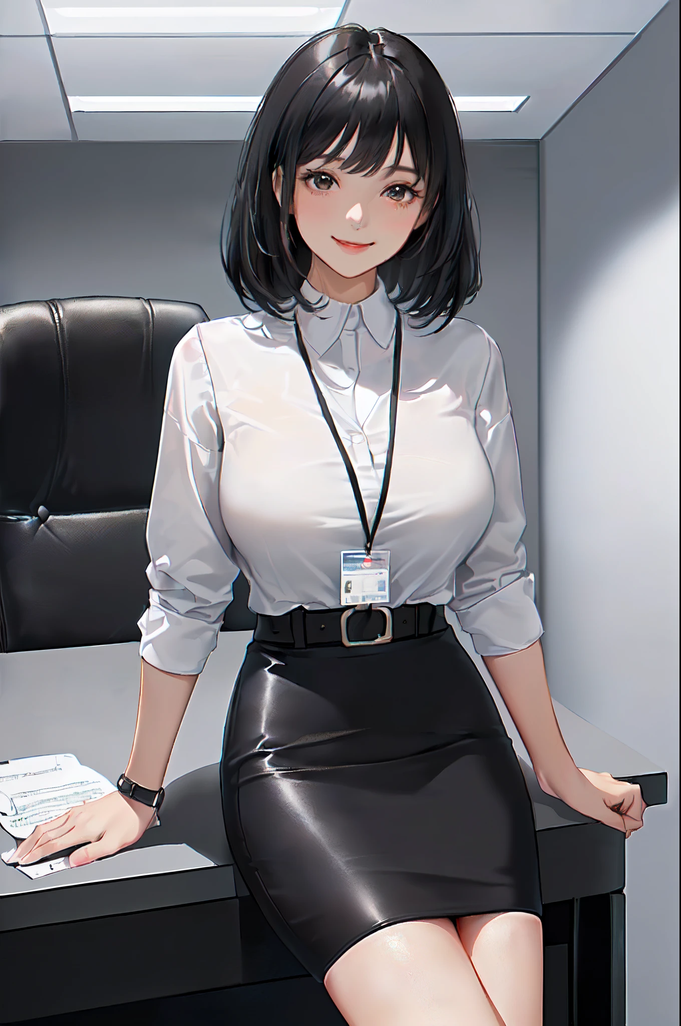 /(modern office conference room/), 1lady solo mature female, /(black medium hair/) bangs /(office casual pencil skirt/) /(id card strap/), blush kind smile, (masterpiece best quality:1.2) delicate illustration high resolution ultra-detailed, large breasts