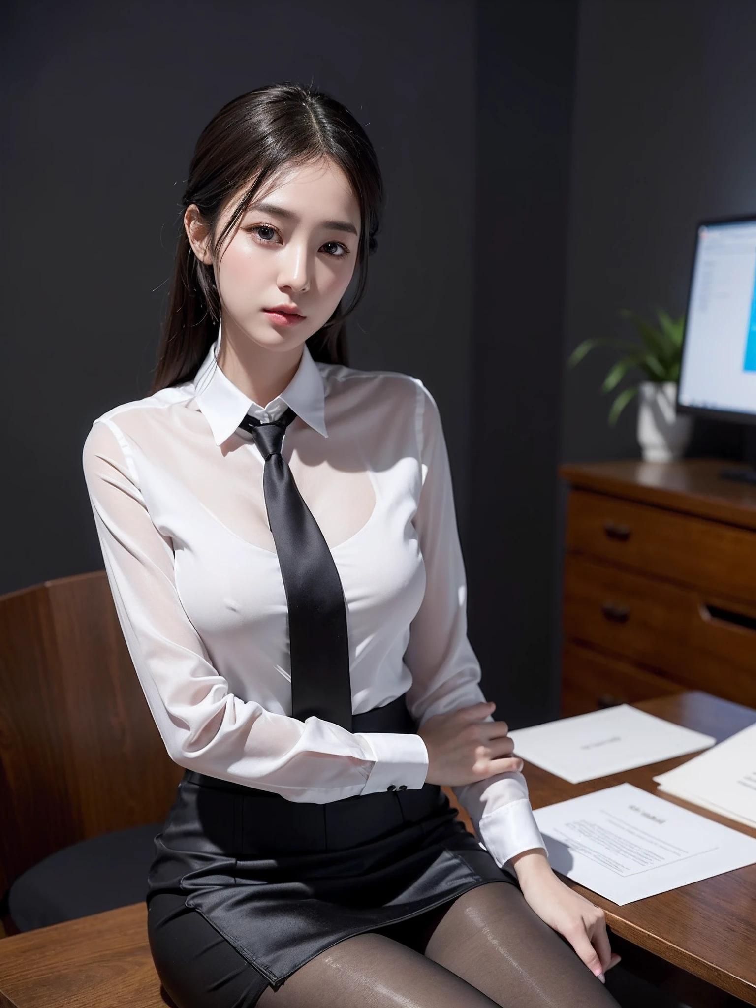There is a classy female teacher in a skirt, 27yo、stature　162cm、Office Clothes, Wearing a high-class silk blouse, (Wearing pantyhose,Realistic Pantyhose)、Elegant slim beige blouse, business clothes, Business attire, wearing in shirt, businesswoman, Silk, cream colored blouse, wearing a shirt with a tie, Work clothes, silky garment, wearing business casual dress, Wearing a business suit, business outfit, formal clothes, 2 9 years old、Raw photo, (in 8K、top-quality、​masterpiece:1.2)、(intricate detailes:1.4)、(Photorealsitic:1.4)、octane renderings、Complex 3D rendering ultra detail, Studio Soft Light, Rim Lights, vibrant detail, super detailing, realistic skin textures, Detail Face, Beautiful detail eyes, Very detailed CG Unity 16k wallpaper, make - up, (detailedbackground:1.2),　shinny skin、
