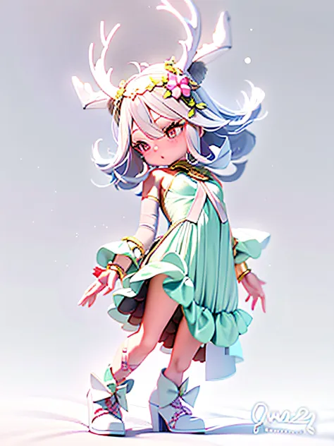 A close-up of a doll with a deer head and a dress, render of a cute 3d anime girl, Stylized anime, elf girl wearing an flower suit, anime styled 3d, 3 d render official art, wlop and krenz cushart, character is in her natural pose, style of wlop, small cur...