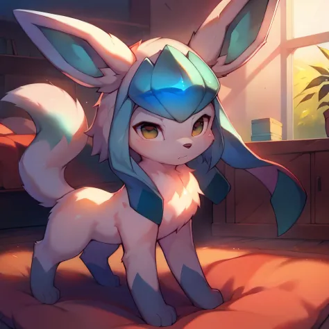 indoor, bedroom, on_bed, (chibi)
((Glaceon)), [[light blues_body, Sharp_tail，Light blue hair]], (((quadruped, feral, canid, canine))), hind_limbs, (pink_pawpads:1.2), (animal_legs, animal_hand:1.2)
solo, looking_at_viewer
spread_legs, on_back
best_quality,...