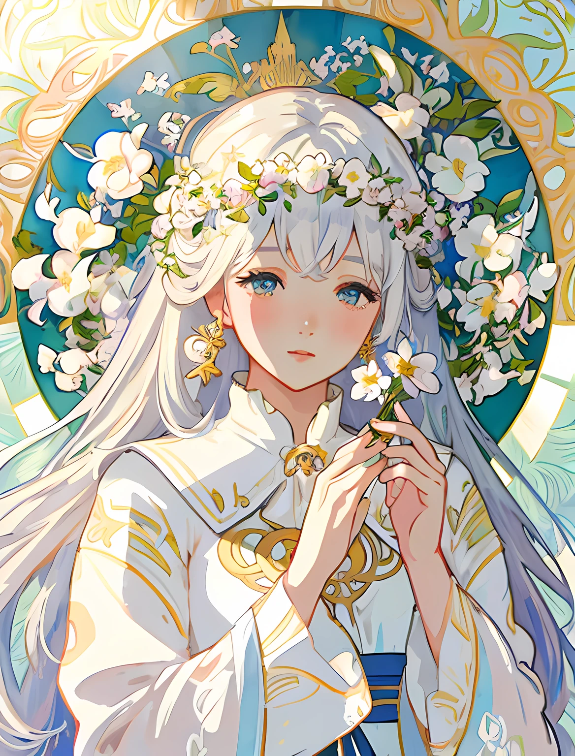 (High quality, 8K),watercolor paiting, Close up portrait of woman in white dress with flowers, Art Nouveau Anime, (jugendstil), white hair woman, alphonse mucha and rossdraws, Mucha Style 4K, clean detailed anime art, lots of flower, (Soft light),Alfonse Mucha, Simple white dress, Detailed face, Detailed eyes, Beautiful Five Fingers, Soft