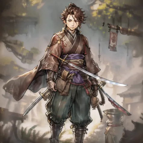 game art design, octopath traveler 2, 1boy, hikari ku, (solo:1.4), brown hair, ponytail, samurai warrior wearing a katana on his...