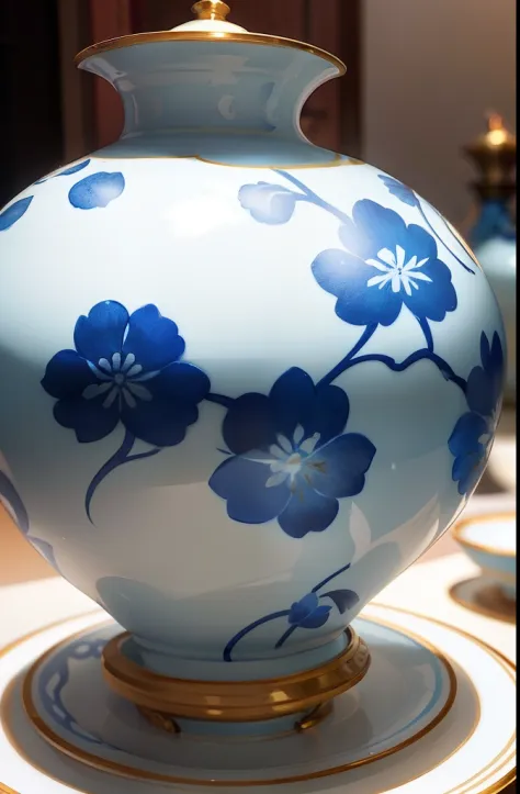 chinaware，Blue and white porcelain，Qing Xuantong blue and white porcelain，distinctive，Close-up of details，photorealestic，high saturated，plethora of colors，Dark pattern，dear，ornate motifs，The full picture of the item，（full bodyesbian）