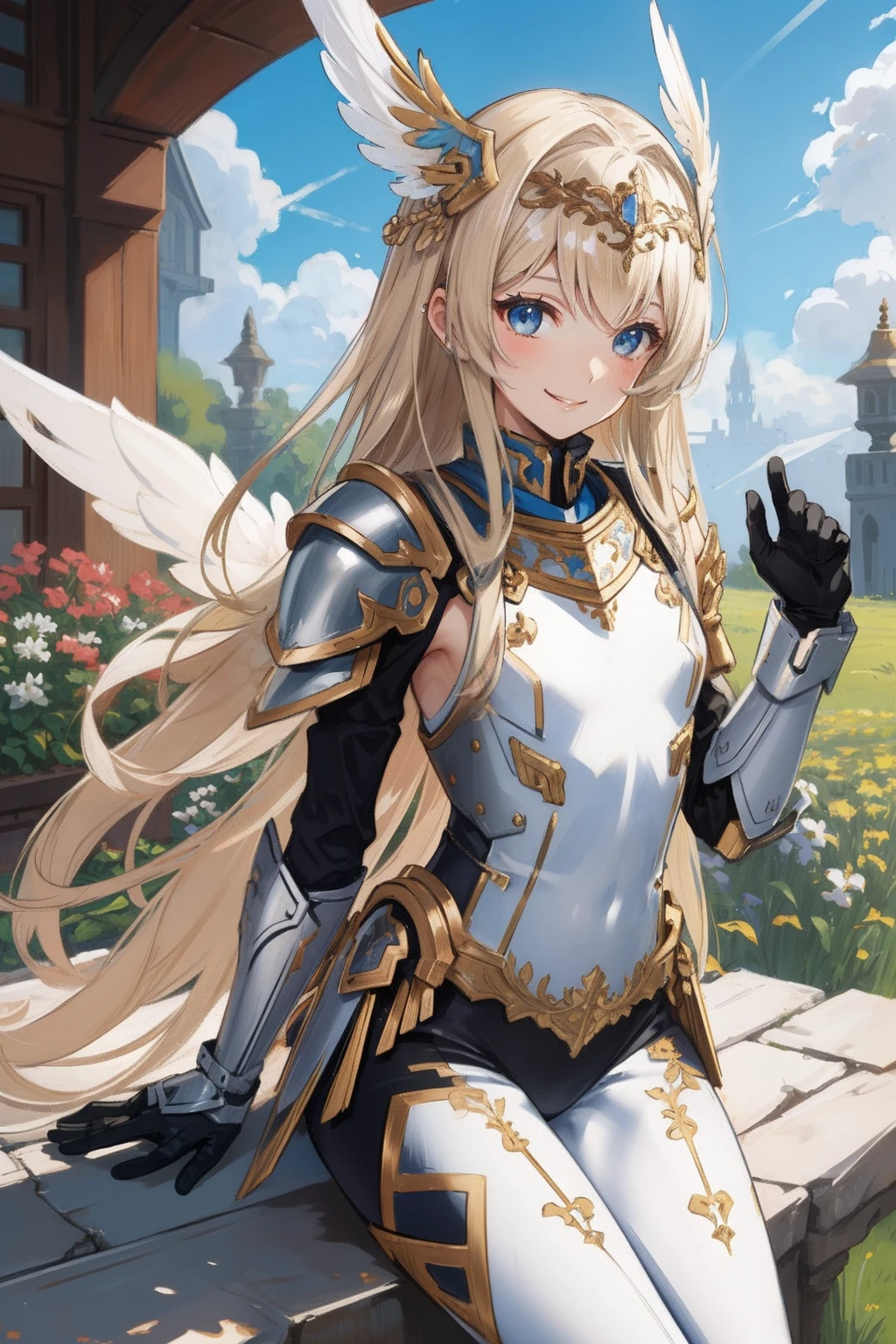 (​master piece, Best Quality),  Intricate details, valkyrie, (((Friendly smile))), Hand up, Looking at Viewer, Feather Headgear, Flower meadow, (((flat breast)))  on clouds, sitting
1 girl, Solo, Portrait, ash blond hair, drooping eyes, Single thigh, Independent single sleeve, gloves, 
 mecha musume, body suit, fortified suit, Mini Feather Wing, pantyhose, full armor, flower decoration, equip sword,