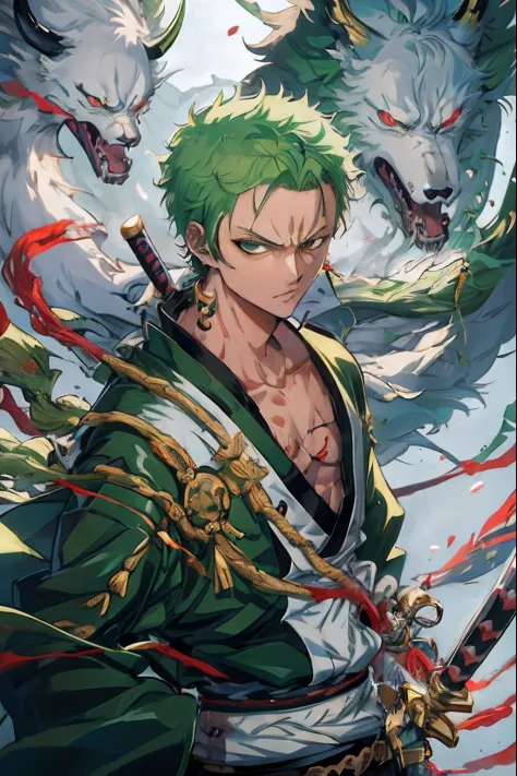 Close up portrait of a green-haired person holding a sword, Roronoa Zoro, 4 k manga wallpaper, badass anime 8 K, from one piece, handsome guy in demon slayer art, one piece artstyle, anime cover, anime wallaper, anime wallpaper 4 k, anime wallpaper 4k, hig...