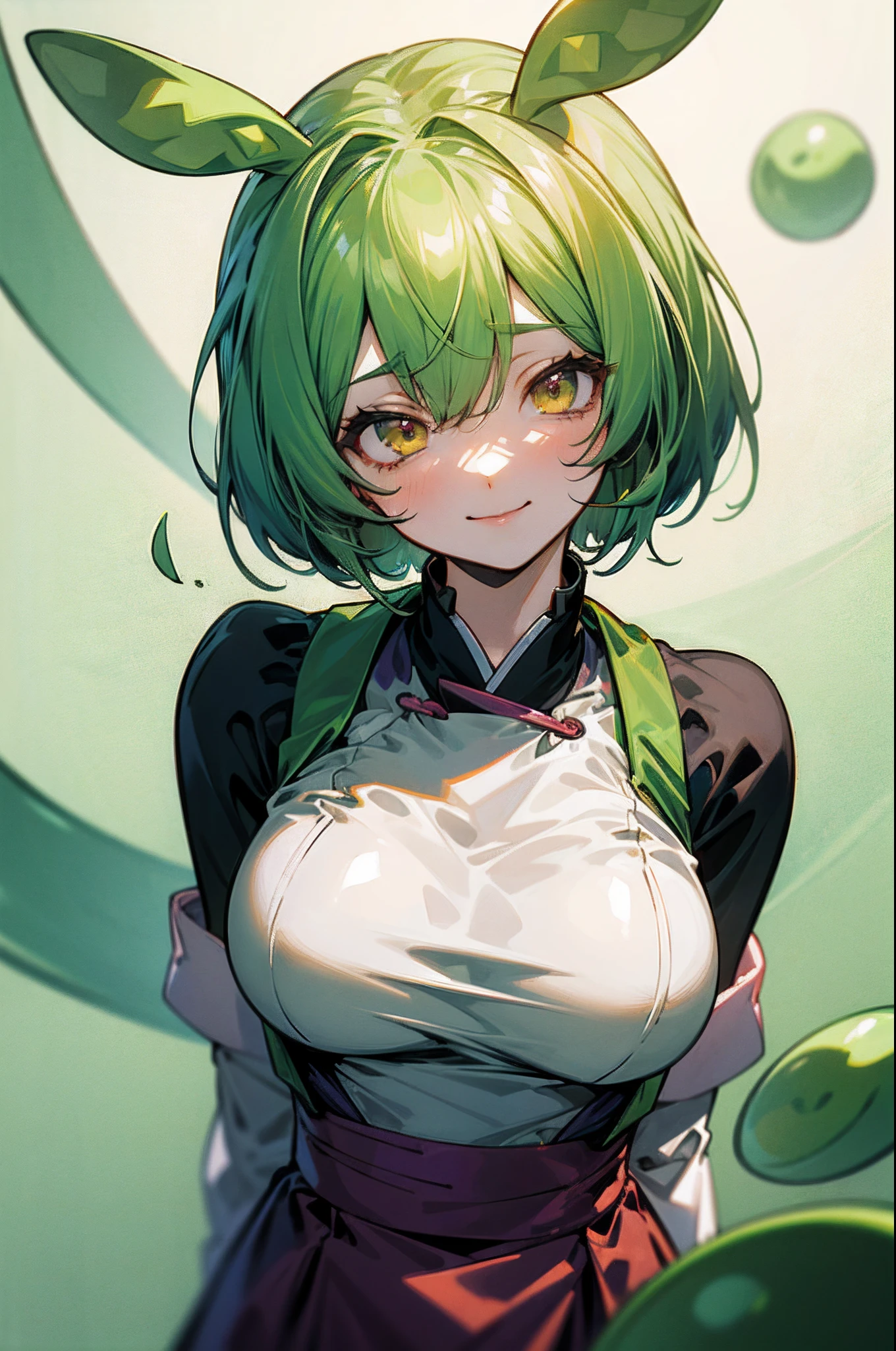 a beauty girl，Yellow-green hair，bobhair、short-hair、Gentle drooping eyes，large full breasts、Uniforms，Manga style，fulcolor，hi-school girl，Calm and gentle face，Big smile、innocent smiles