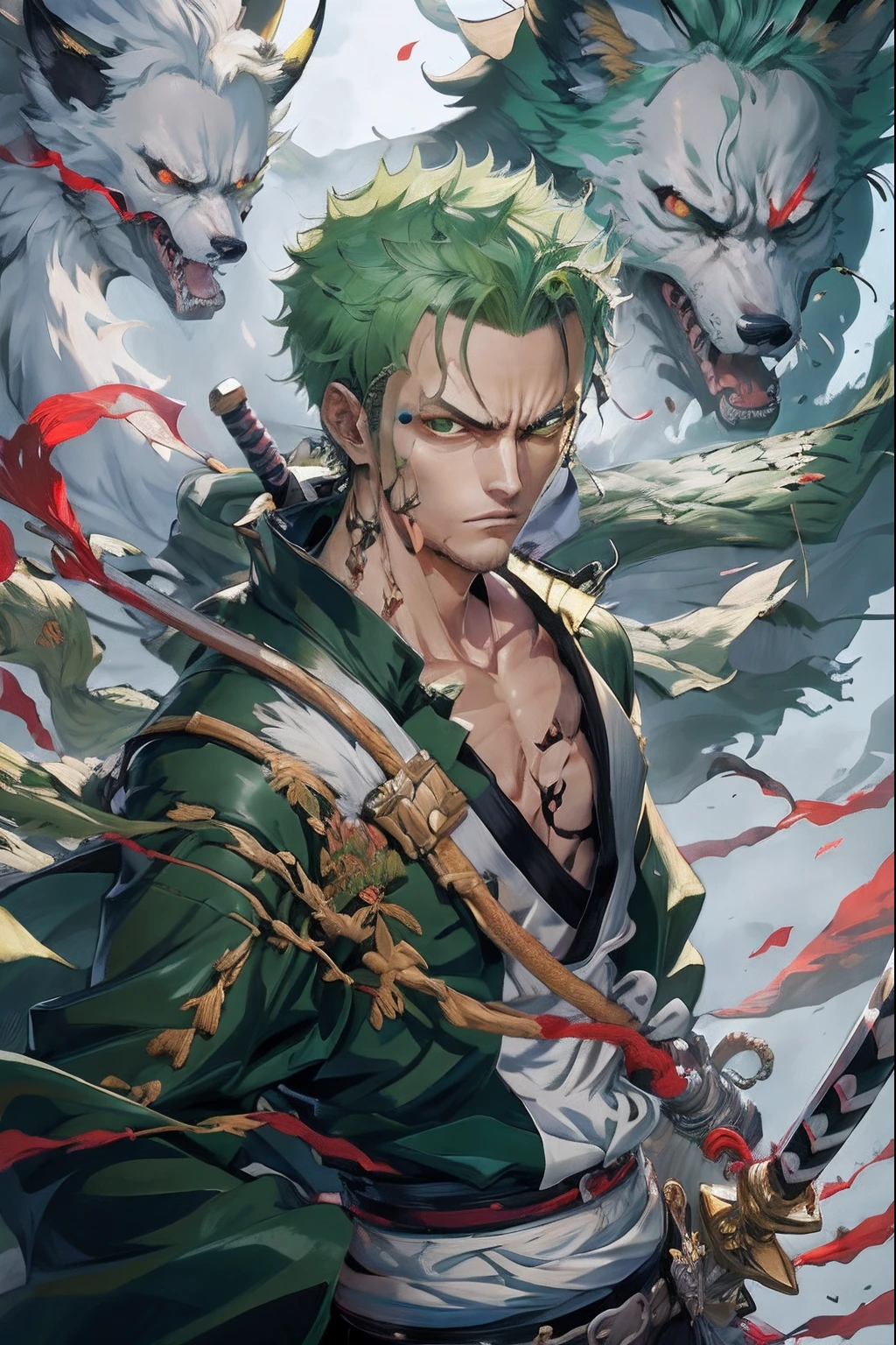 Close up portrait of a green-haired person holding a sword, Roronoa Zoro, 4 k manga wallpaper, badass anime 8 K, from one piece, handsome guy in demon slayer art, one piece artstyle, anime cover, anime wallaper, anime wallpaper 4 k, anime wallpaper 4k, highly detailed exquisite fanart, Detailed key anime art,The background is a flaming wolf、anime styled