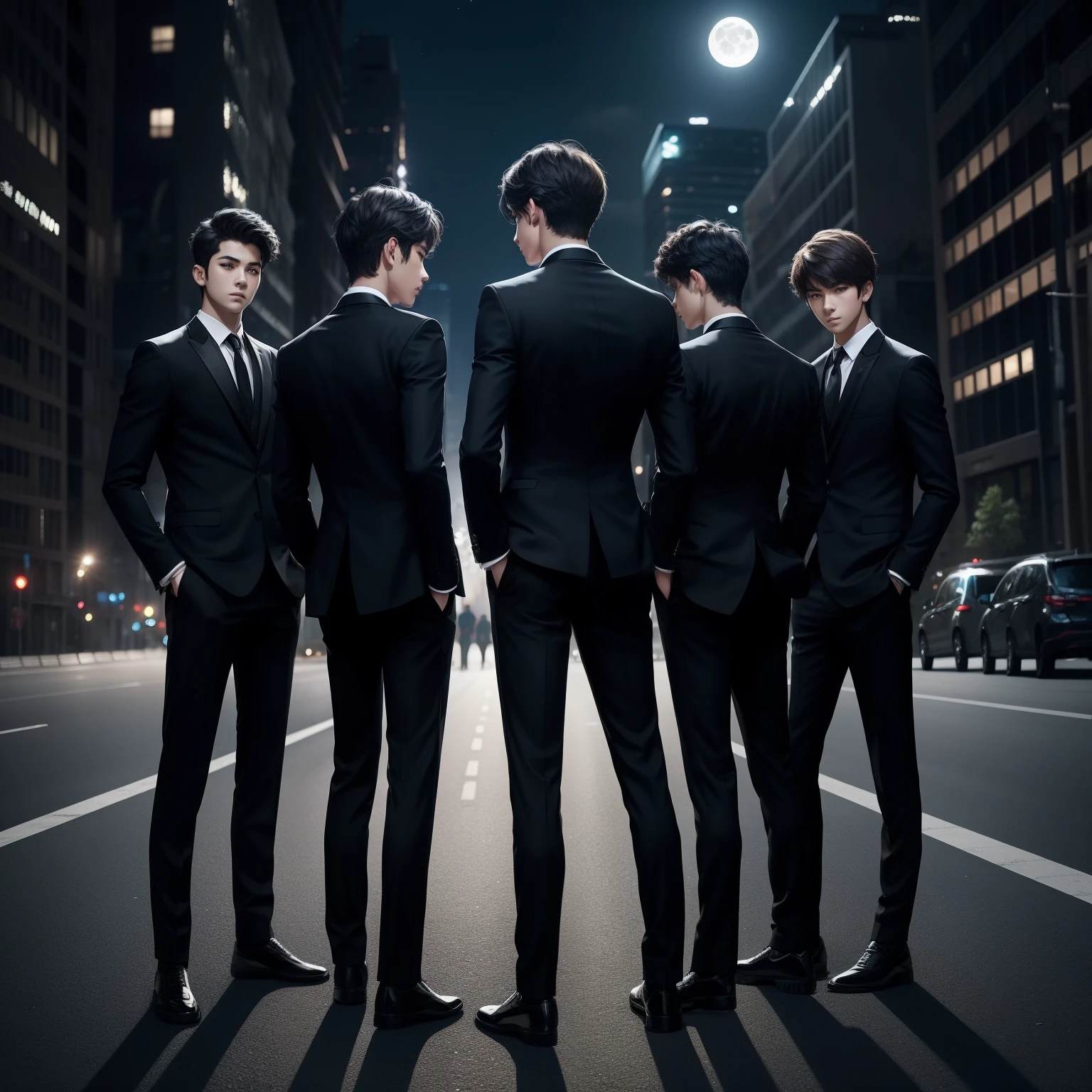 There is five boys group, standing on city roads , back pose, full body with black suit and hide face, teens, cool pose, back pose , night time with moon loght, realistic pose,