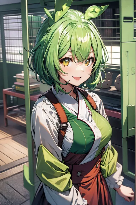 a beauty girl，Mixed yellow-green and yellow hair，short hair and wavy、Gentle drooping eyes，large full breasts、校服，Manga style，fulcolor，hi-school girl，Bright smile，Big smile、Childlike smile、innocent smiles