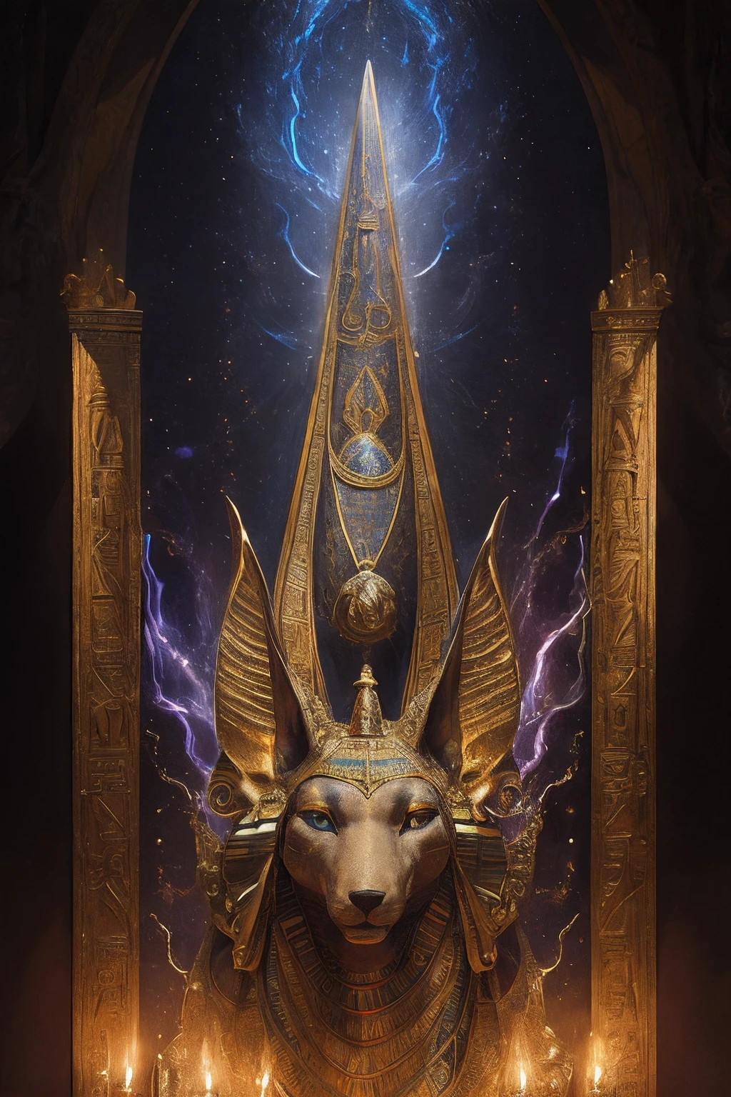 1man, portrait of godanubis in front altar with groups of egyptian, jackal head, swirl of fire, aura, magic, sparks,  magic astral, ornate, details,