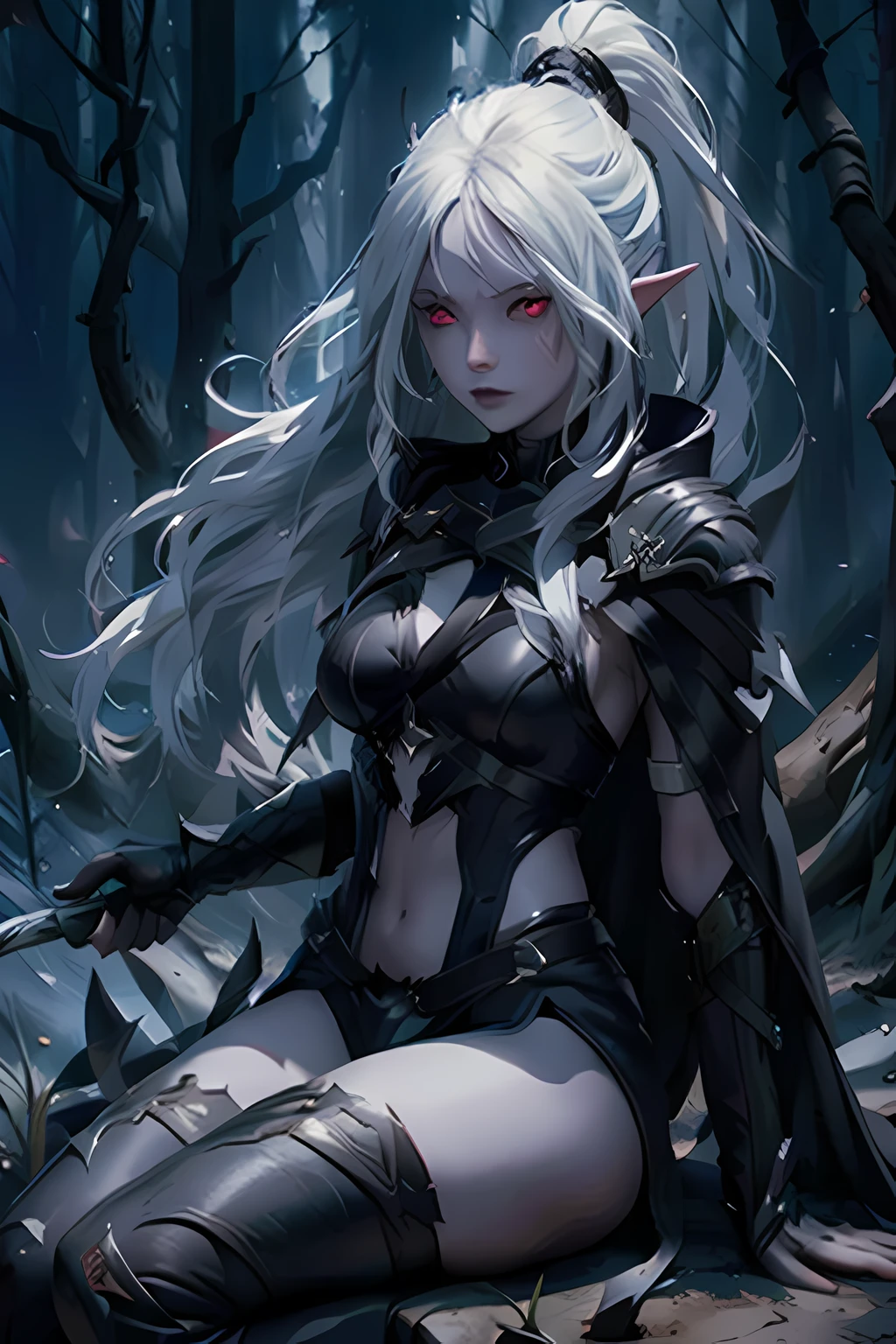 1girl, silver long hair, light red eyes, leather armor, rapier, dark forest, portrait, pointed ears, sharp eyes, sitting on a trunk, skin covered