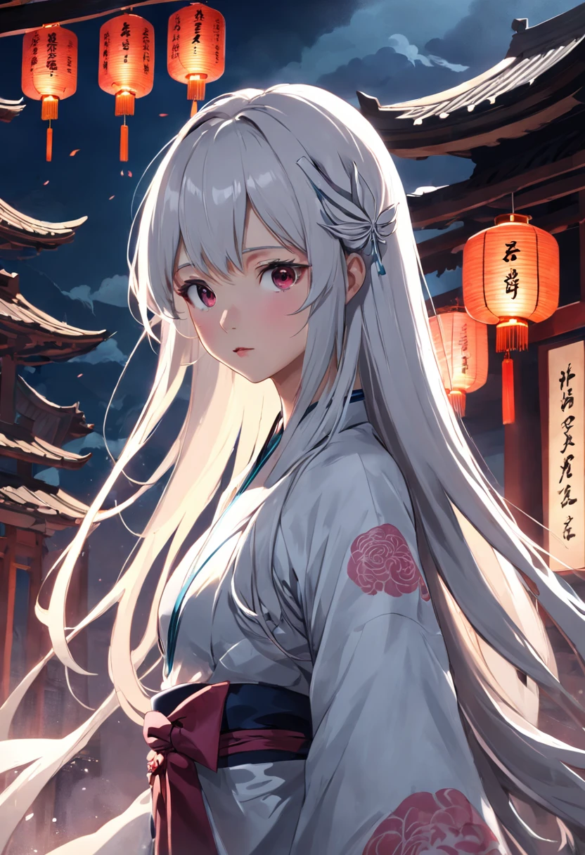 8K, Masterpiece, Best quality, Night, full moon, 1 girl, Chinese style, Chinese architecture, Mature woman, sister, Silver white long haired woman, Long hair, Light pink lips, calm, logical, bangs, Gray pupils, assassins, Fan, Knife fan, petal dancing, Delicate face,