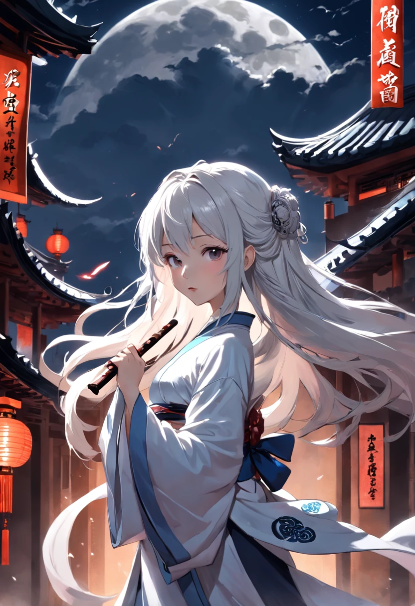 8K, Masterpiece, Best quality, Night, full moon, 1 girl, Chinese style, Chinese architecture, Mature woman, sister, Silver white long haired woman, Long hair, Light pink lips, calm, logical, bangs, Gray pupils, assassins, Fan, Knife fan, petal dancing, Delicate face,