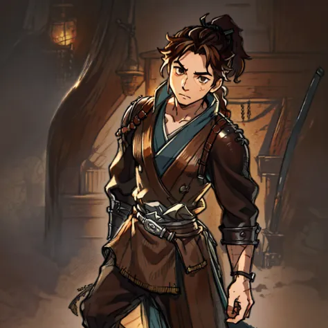 game art design, octopath traveler 2, 1boy, hikari ku, (solo:1.4), brown hair, ponytail, samurai warrior wearing a katana on his...