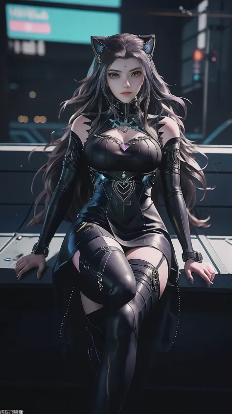 There is a woman sitting on a chair，Wearing a cat's costume, cyberpunk anime girl, female cyberpunk anime girl, cyber school girl, Cyberpunk 2 0 y. o model girl, dreamy cyberpunk girl, Digital cyberpunk anime art, muted cyberpunk style, Cyberpunk costumes,...