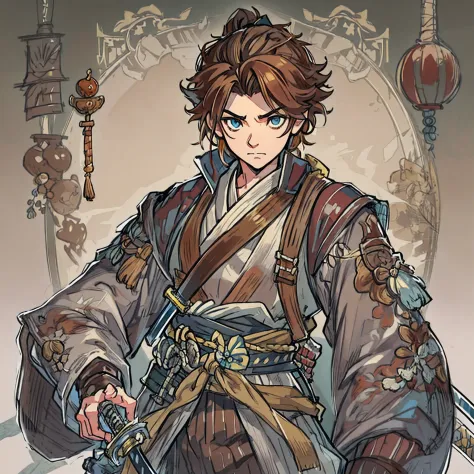 game art design, octopath traveler 2, 1boy, hikari ku, (solo:1.4), brown hair, ponytail, samurai warrior wearing a katana on his...