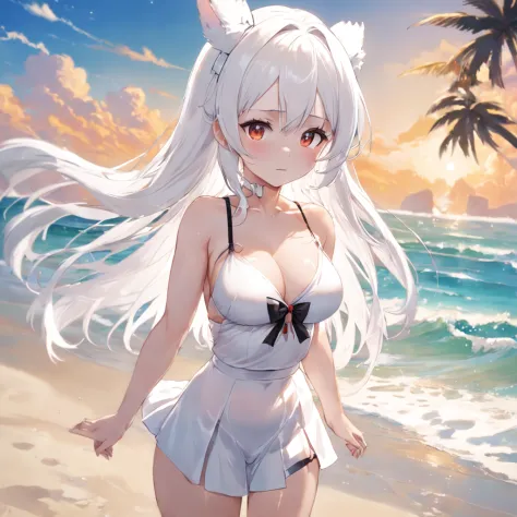 Girl: Two rabbit ears, white hair, bow, white skirt, white top, looking at me with a shy expression,nedium breasts,cleavage,sea beach,Swimsuit translucent