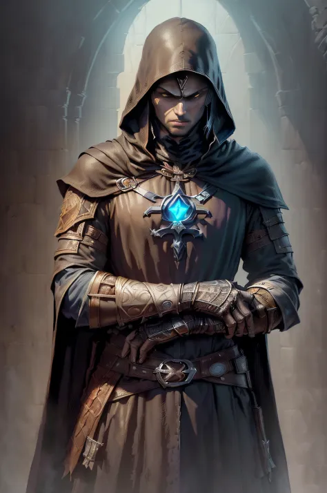 (superfine illustration, Best Quality, Ultra-detailed, Correct delineation, Perfect fingers, Perfect hands, Medieval fantasy illust:1.5), (mysterious assassin belonging to a cult, Male Focus, Solo, atmosphere that makes it difficult to talk:1.5), fold his ...
