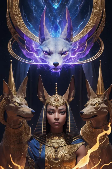 1girl, portrait of female godanubis with  jackal head in front altar, swirl of fire, aura, magic, sparks,  magic astral, ornate