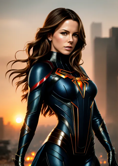 Kate Beckinsale wears a detailed metal Spider-Man costume, Photos of fashionable women with angry expressions, Large breasts, superhero pose, standing in a ruined city at sunset, ultra - detailed, Smoke, spark of light, Sunlight, (8K), Realistic, Symmetric...
