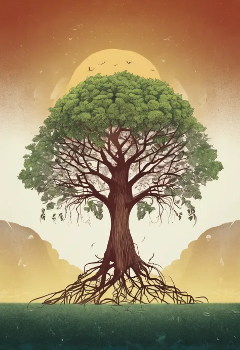A sprouting seed on the left side of the frame, bursting with potential and hope. On the right side, a majestic and tall tree stands with its roots intricately depicted in the soil, symbolizing strength and resilience. The composition is set against a tran...