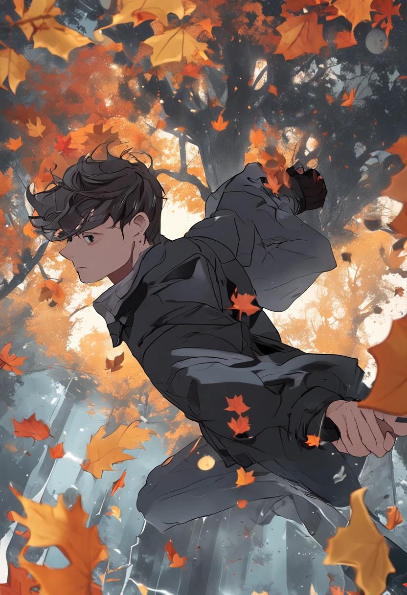 Anime boy falling in the air with autumn leaves - SeaArt AI