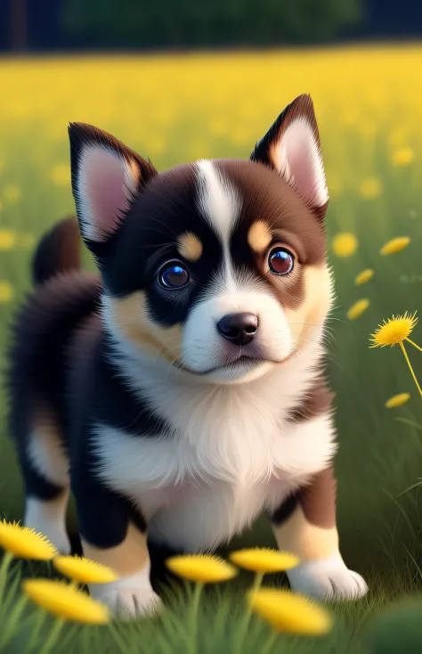 In this ultra-detailed CG art，Cute puppy surrounded by fluttering dandelions，Best quality at best，A high resolution，Complicated details，fanciful，cute animal