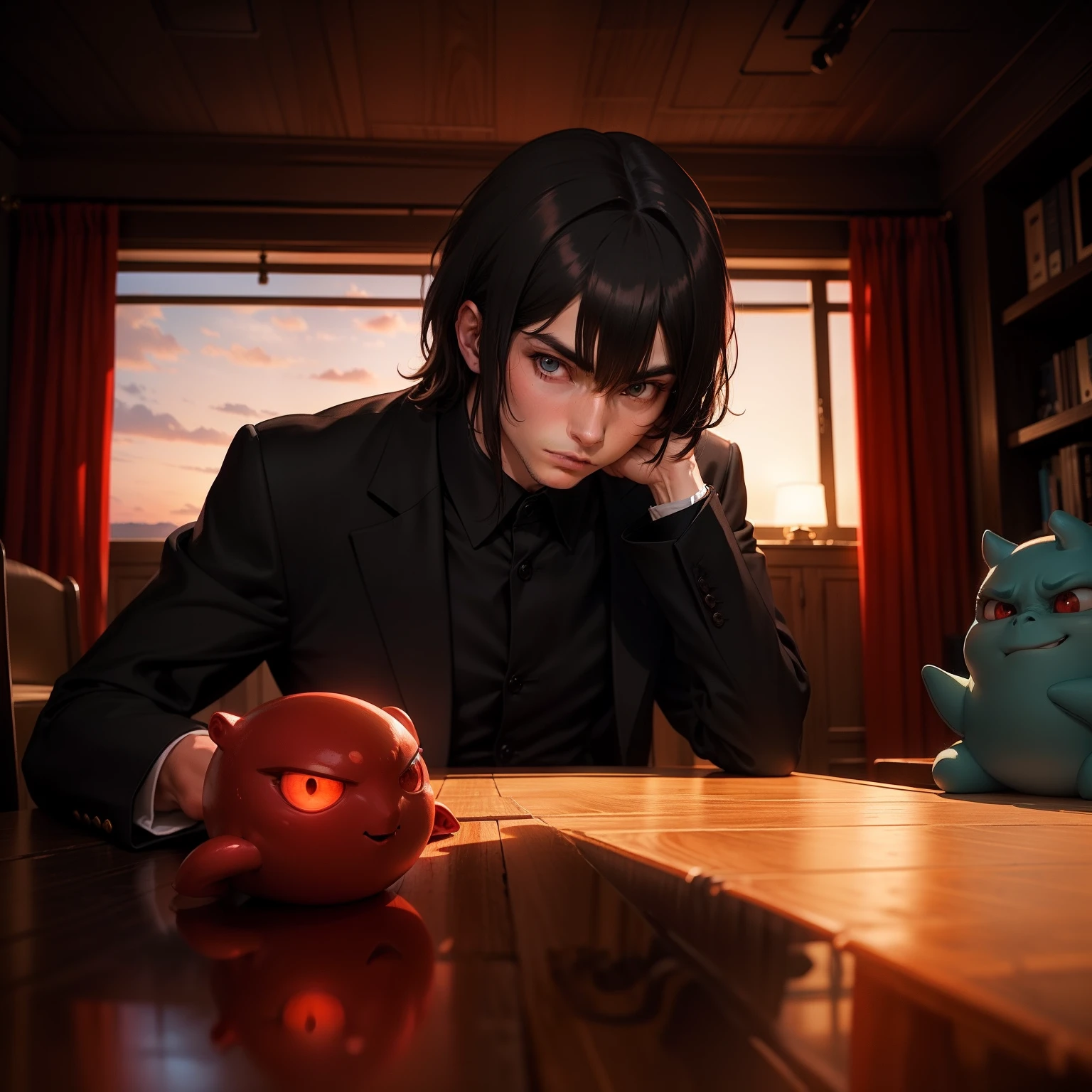 Inside the room with the red sunset lighting, A young earthling man wearing black suits and an alien like Ogre sit opposite each other across a low table