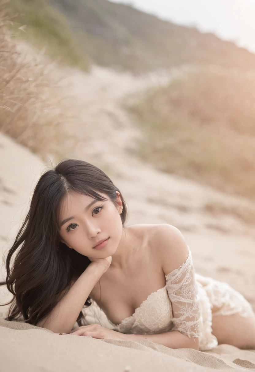 Arafed asian woman laying on the beach in a white dress - SeaArt AI