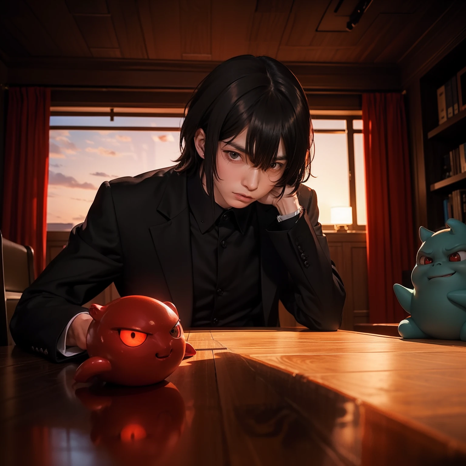 Inside the room with the red sunset lighting, A young earthling man wearing black suits and an alien like Ogre sit opposite each other across a low table