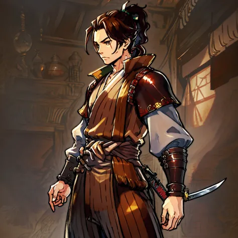 game art design, octopath traveler 2, 1boy, hikari ku, (solo:1.4), brown hair, ponytail, samurai warrior wearing a katana on his...