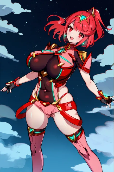 pyra \(xenoblade\), teen_1girl, loli, armor, bangs, black gloves, breasts, red eyes, light_open_mouth, earrings, eyelashes, fingerless gloves, floating hair, framed breasts, gem, gloves, hair ornament, headpiece, jewelry, big_breasts, leaning back, leotard...