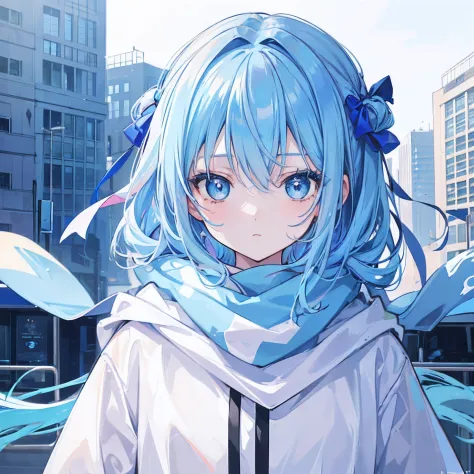 1girl, with light blue hair and blue eyes, wearing 2 hair ribbon and a blue and white hoodie. The scene is set in winter, with the girl looking directly at the viewer. This image can be used as a profile picture.City background.Masterpiece,high-quality,abs...